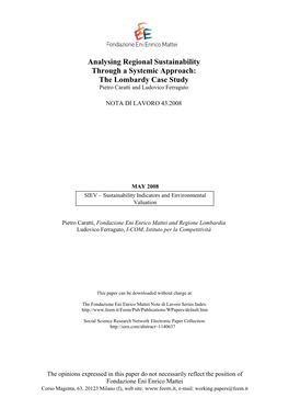 Analysing Regional Sustainability Through a Systemic Approach: the Lombardy Case Study Pietro Caratti and Ludovico Ferraguto