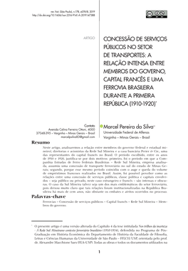 A Relação Intensa Entre Membros Do Governo, Capital Francês E Uma Ferrovia Brasileira Durante a Primeira República (1910-1920)