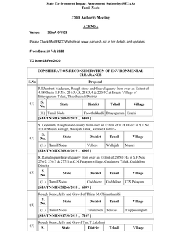 (SEIAA) Tamil Nadu 370Th Authority Meeting AGENDA Venue