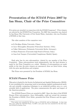 ICIAM Prizes 2007 by Ian Sloan, Chair of the Prize Committee