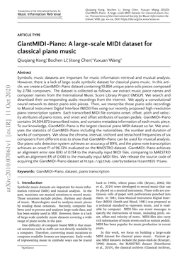 A Large-Scale MIDI Dataset for Classical Piano Music Qiuqiang Kong,* Bochen Li,* Jitong Chen,* Yuxuan Wang*