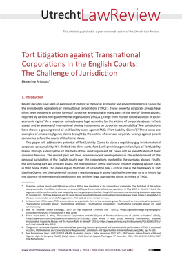 Tort Litigation Against Transnational Corporations in the English Courts: the Challenge of Jurisdiction Ekaterina Aristova*