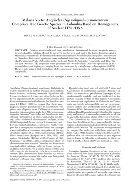 Malaria Vector Anopheles (Nyssorhynchus) Nuneztovari Comprises One Genetic Species in Colombia Based on Homogeneity of Nuclear ITS2 Rdna