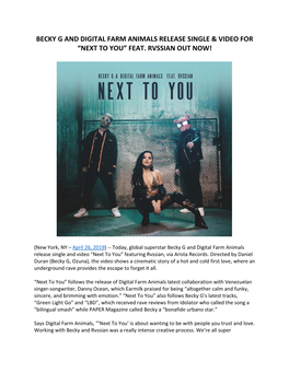 Becky G and Digital Farm Animals Release Single & Video for “Next to You” Feat