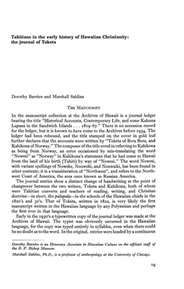 Tahitians in the Early History of Hawaiian Christianity: the Journal of Toketa