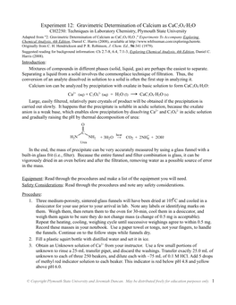 Gravimetric Determination of Calcium As Cac2o4·H2O CH2250: Techniques in Laboratory Chemistry, Plymouth State University