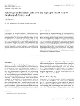 Palynology and Sediment Data from the High Alpine Karst Cave on Jungfraujoch, Switzerland