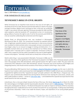 EDITORIAL June 2, 2020 Online at for IMMEDIATE RELEASE