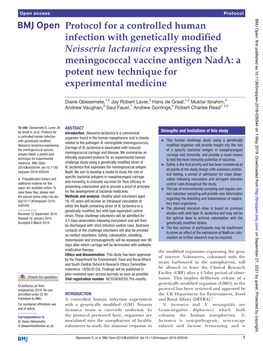 Protocol for a Controlled Human Infection with Genetically Modified Neisseria Lactamica Expressing the Meningococcal Vaccine Antigen Nada: a Potent New Technique For
