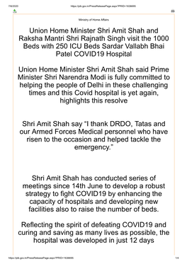 Union Home Minister Shri Amit Shah and Raksha Mantri Shri Rajnath Singh Visit the 1000 Beds with 250 ICU Beds Sardar Vallabh Bhai Patel COVID19 Hospital