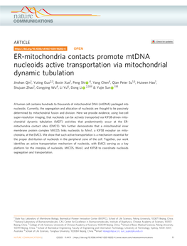 ER-Mitochondria Contacts Promote Mtdna Nucleoids Active Transportation Via Mitochondrial Dynamic Tubulation