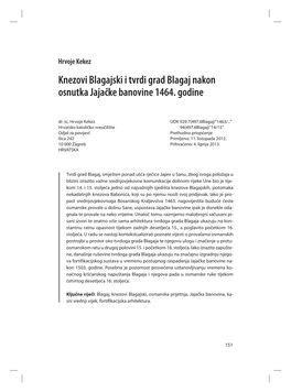 Knezovi Blagajski I Tvrdi Grad Blagaj Nakon Osnutka Jajačke Banovine 1464