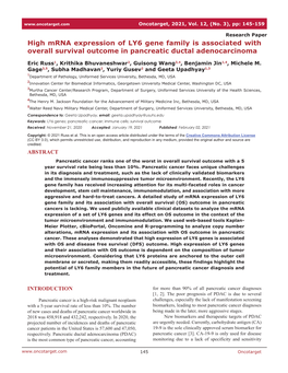 High Mrna Expression of LY6 Gene Family Is Associated with Overall Survival Outcome in Pancreatic Ductal Adenocarcinoma