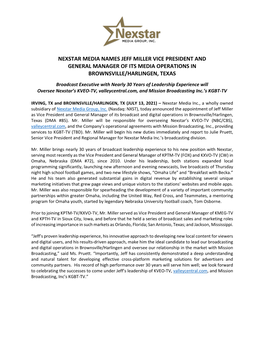 Nexstar Media Names Jeff Miller Vice President and General Manager of Its Media Operations in Brownsville/Harlingen, Texas