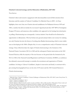 Chartism's Electoral Strategy and the Bifurcation of Radicalism, 1837-1852 Tom Scriven Chartism's Direct and Extensive Engagem