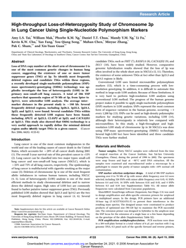 High-Throughput Loss-Of-Heterozygosity Study of Chromosome 3P in Lung Cancer Using Single-Nucleotide Polymorphism Markers