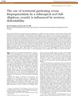 The Use of Territorial Gardening Versus Kleptoparasitism by a Subtropical Reef ﬁsh (Kyphosus Cornelii) Is Inﬂuenced by Territory Defendability
