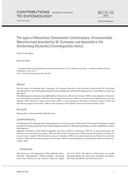 The Types of Mesochorus Gravenhorst (Hymenoptera, Ichneumonidae, Mesochorinae) Described by W