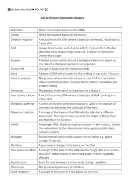 AS91159 Gene Expression Glossary Anticodon Three Consecutive Bases