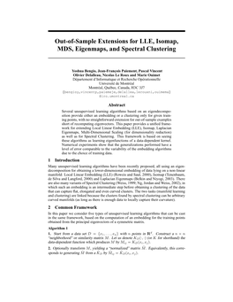 Out-Of-Sample Extensions for LLE, Isomap, MDS, Eigenmaps, and Spectral Clustering