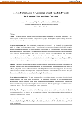 Motion Control Design for Unmanned Ground Vehicle in Dynamic Environment Using Intelligent Controller