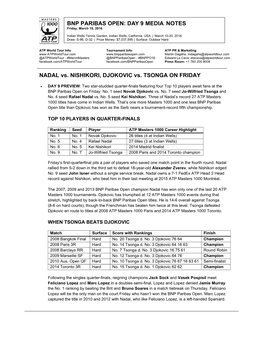 NADAL Vs. NISHIKORI, DJOKOVIC Vs. TSONGA on FRIDAY BNP