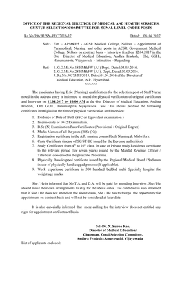 Office of the Regional Director of Medical and Health Services, Guntur Selection Committee for Zonal Level Cadre Posts