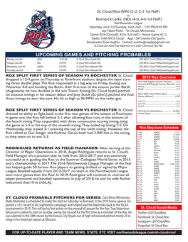 UPCOMING GAMES and PITCHING PROBABLES Monday, June 3Rd @DUL 11:35 AM St