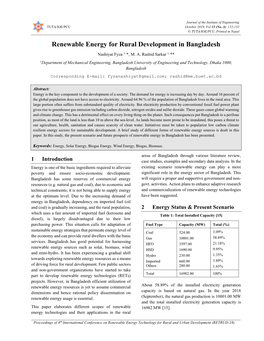 Renewable Energy for Rural Development in Bangladesh Nashiyat Fyza 1, *, M