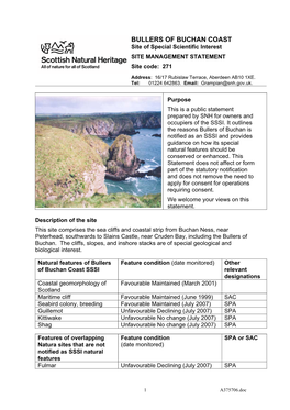BULLERS of BUCHAN COAST Site of Special Scientific Interest SITE MANAGEMENT STATEMENT Site Code: 271 Address: 16/17 Rubislaw Terrace, Aberdeen AB10 1XE