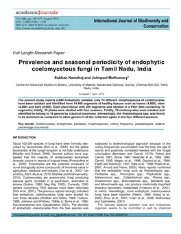 Prevalence and Seasonal Periodicity of Endophytic Coelomycetous Fungi in Tamil Nadu, India