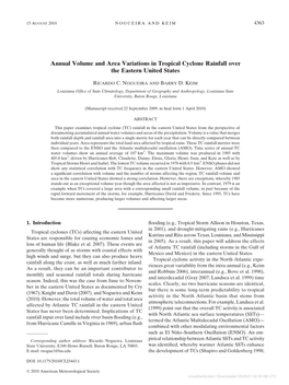 Annual Volume and Area Variations in Tropical Cyclone Rainfall Over the Eastern United States