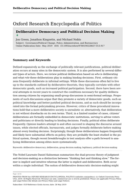 Deliberative Democracy and Political Decision Making