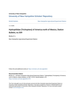 Hydroptilidae (Trichoptera) of America North of Mexico, Station Bulletin, No.509