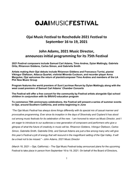 Ojai Music Festival to Reschedule 2021 Festival to September 16 to 19, 2021