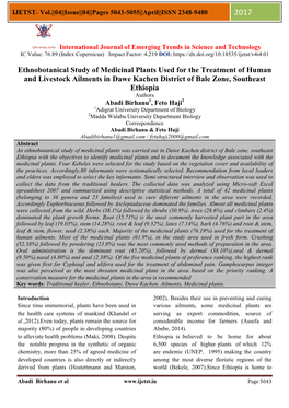 Ethnobotanical Study of Medicinal Plants Used for the Treatment Of