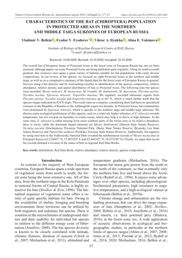 Characteristics of the Bat (Chiroptera) Population in Protected Areas in the Northern and Middle Taiga Subzones of European Russia