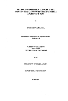 The Role of Initiation Schools in the Identity Formation of Southern Ndebele Adolescent Boys