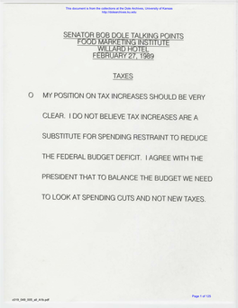 Senator Bob Dole Talking Points Food Marketing Institute Willard Hotel February 27, 1989