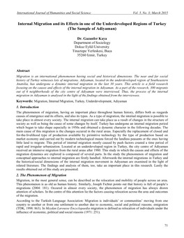 Internal Migration and Its Effects in One of the Underdeveloped Regions of Turkey (The Sample of Adiyaman)