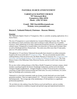 PASTORAL SEARCH ANNOUNCEMENT TABERNACLE BAPTIST CHURCH 707 Tabernacle Blvd. Youngstown, Ohio 44510 Phone: (330) 747-9624 E-Mail