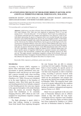 An Annotated Checklist of Migratory Birds in Kenyir, Setiu and Pulau Perhentian Besar, Terengganu, Malaysia