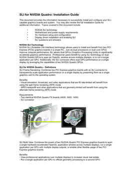 SLI for NVIDIA Quadro: Quick Installation Guide