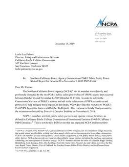 December 13, 2019 Leslie Lee Palmer Director, Safety and Enforcement Division California Public Utilities Commission 505 Van Ne