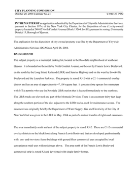 CITY PLANNING COMMISSION October 20, 2004/Calendar No.24 C 040437 PPQ in the MATTER Ofan Application Submitted by the Departmen