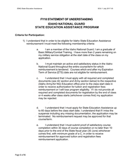 Fy18 Statement of Understanding Idaho National Guard State Education Assistance Program