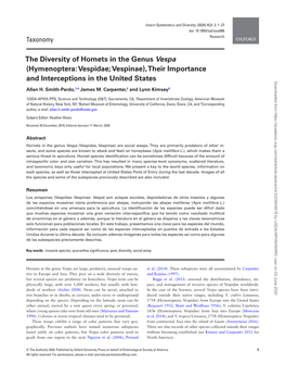 The Diversity of Hornets in the Genus Vespa (Hymenoptera: Vespidae; Vespinae), Their Importance