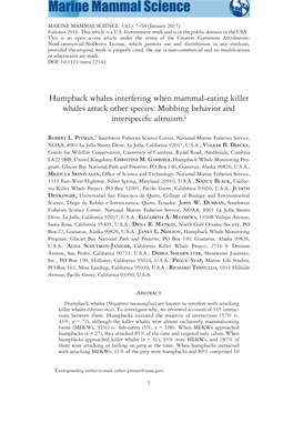 Humpback Whales Interfering When Mammal-Eating Killer Whales Attack Other Species: Mobbing Behavior and Interspeciﬁc Altruism?