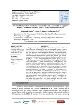 Chemical Composition, Nutritional Value, Safety, and Acceptability of Egyptian Red Sea Coast Fresh and Dried Spider Conch (Lambis Lambis) Meats