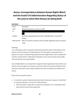 Annex: Correspondence Between Human Rights Watch and the Israeli Civil Administration Regarding Status of the Land on Which New Houses Are Being Built